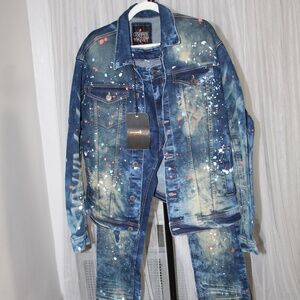 Copper Rivet Slim Fit Painted Denim Jacket (L) and Pants (36/34)